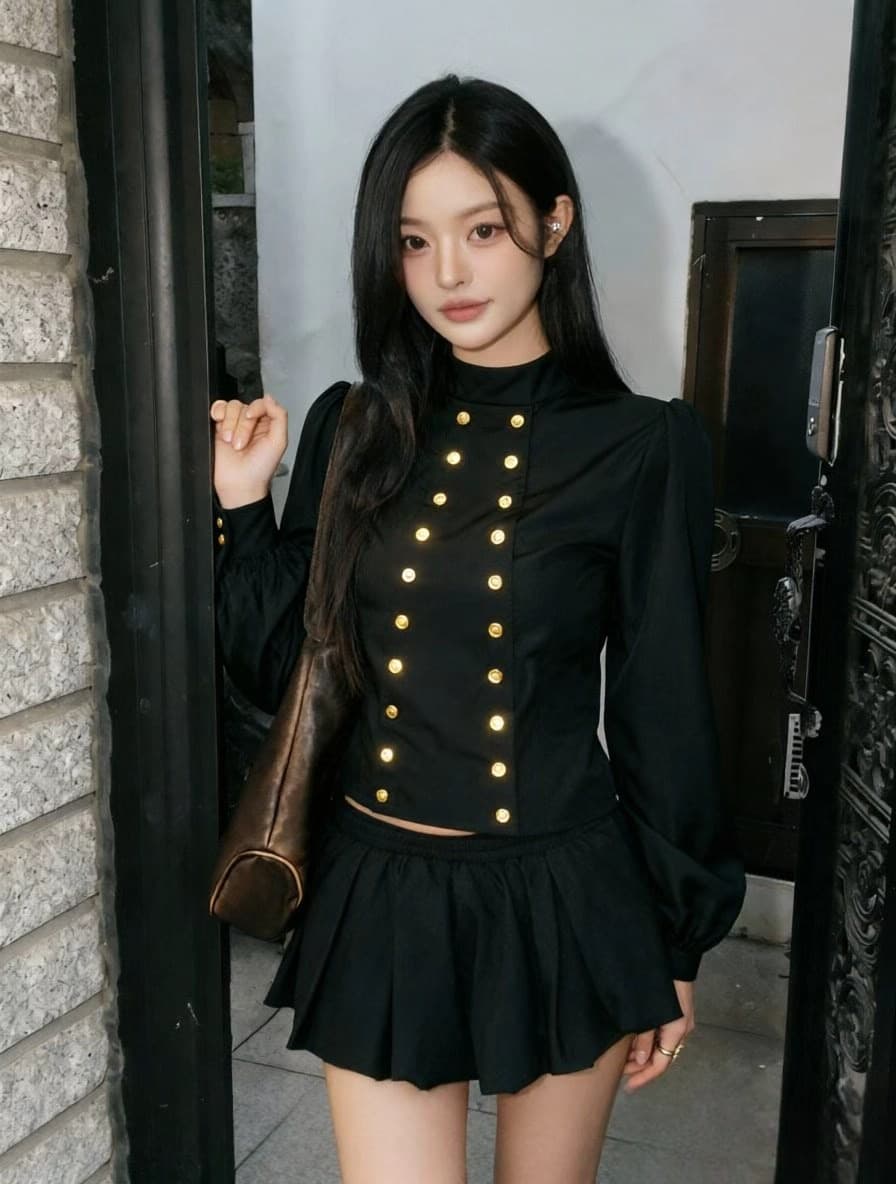 재고 있음 chic 가을 겨울 레트로 조개 이중 버튼 거품 소매 긍정적 인 어깨 허리 수축 슬림해 보이는 긴팔 셔츠 상세 이미지 2