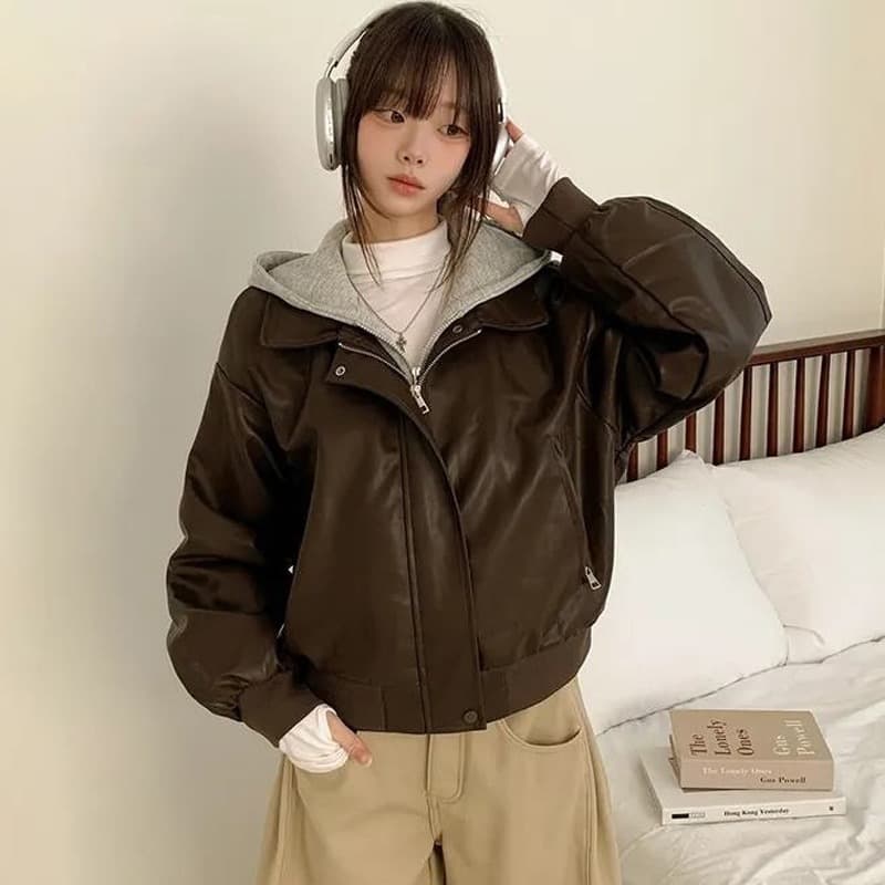 재고 있음 한국 chic 페이크 레이어드 후드 가죽 재킷 여성 코트 레트로 루즈핏 PU 가죽 오토바이 재킷