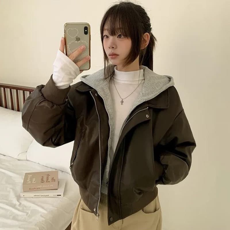 재고 있음 한국 chic 페이크 레이어드 후드 가죽 재킷 여성 코트 레트로 루즈핏 PU 가죽 오토바이 재킷 상세 이미지 1