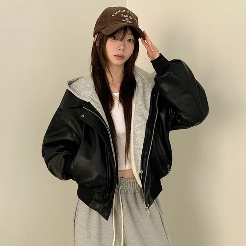 재고 있음 한국 chic 페이크 레이어드 후드 가죽 재킷 여성 코트 레트로 루즈핏 PU 가죽 오토바이 재킷 상세 이미지 2