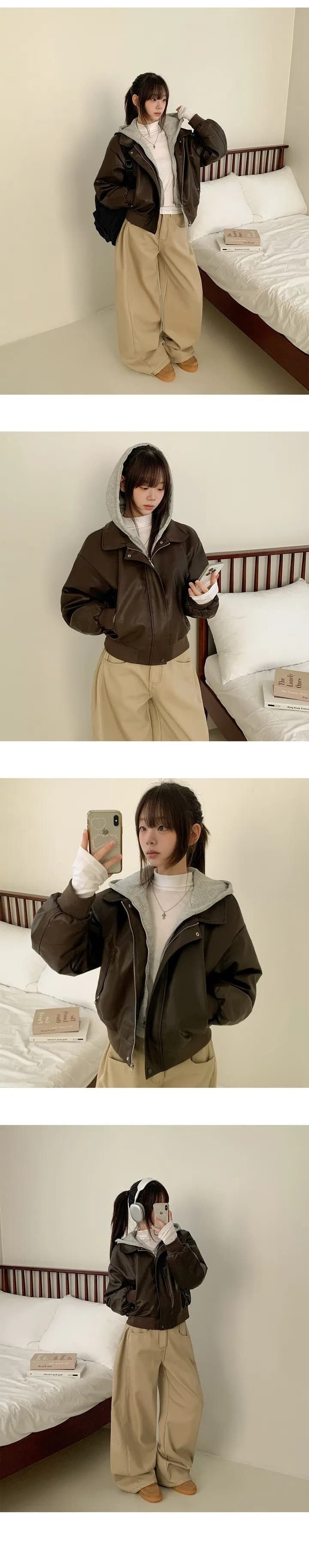 재고 있음 한국 chic 페이크 레이어드 후드 가죽 재킷 여성 코트 레트로 루즈핏 PU 가죽 오토바이 재킷 상세 이미지 4