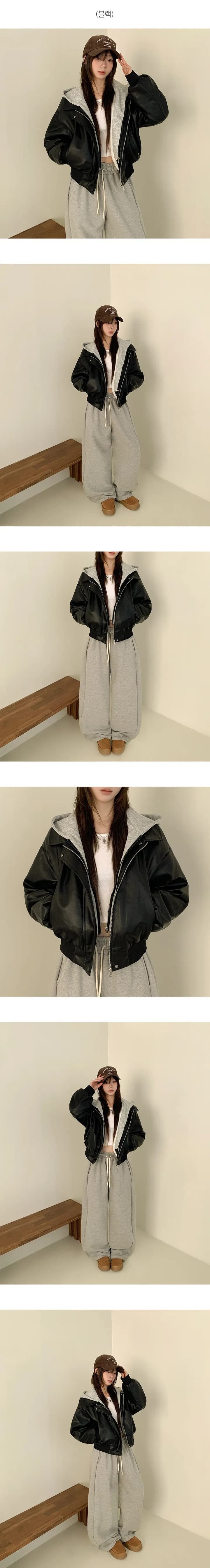 재고 있음 한국 chic 페이크 레이어드 후드 가죽 재킷 여성 코트 레트로 루즈핏 PU 가죽 오토바이 재킷 상세 이미지 7