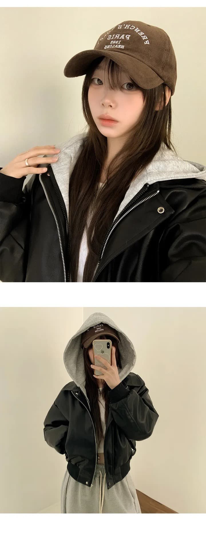 재고 있음 한국 chic 페이크 레이어드 후드 가죽 재킷 여성 코트 레트로 루즈핏 PU 가죽 오토바이 재킷 상세 이미지 8