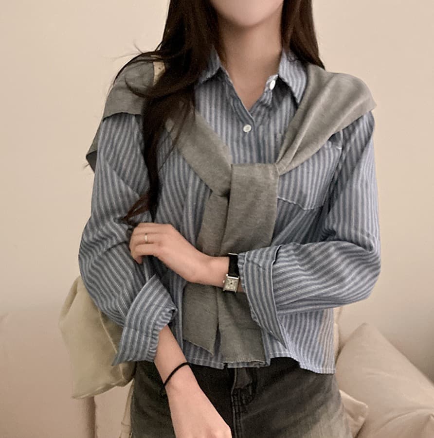 재고 있음 2026 가을 한국 스타일 패션 다용도 수직 쇼트 스타일 폴로 칼라 루즈핏 슬림해 보이는 긴팔 맨위 경기 숄 상세 이미지 12