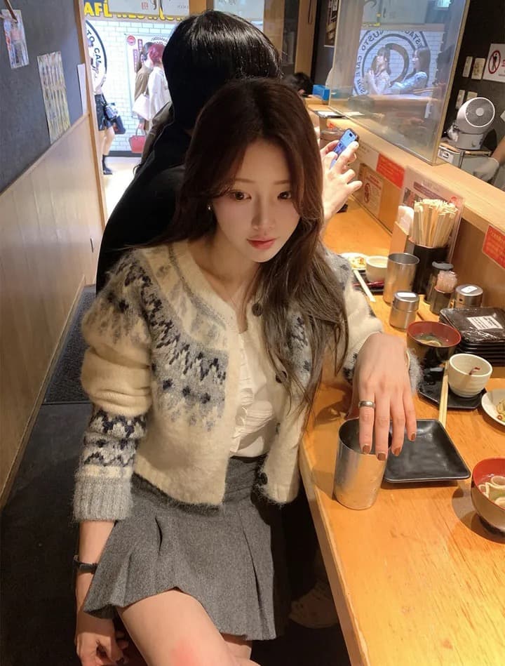 있음 선적 한국 ins 레트로 공정한 섬 패턴 스웨터 코트