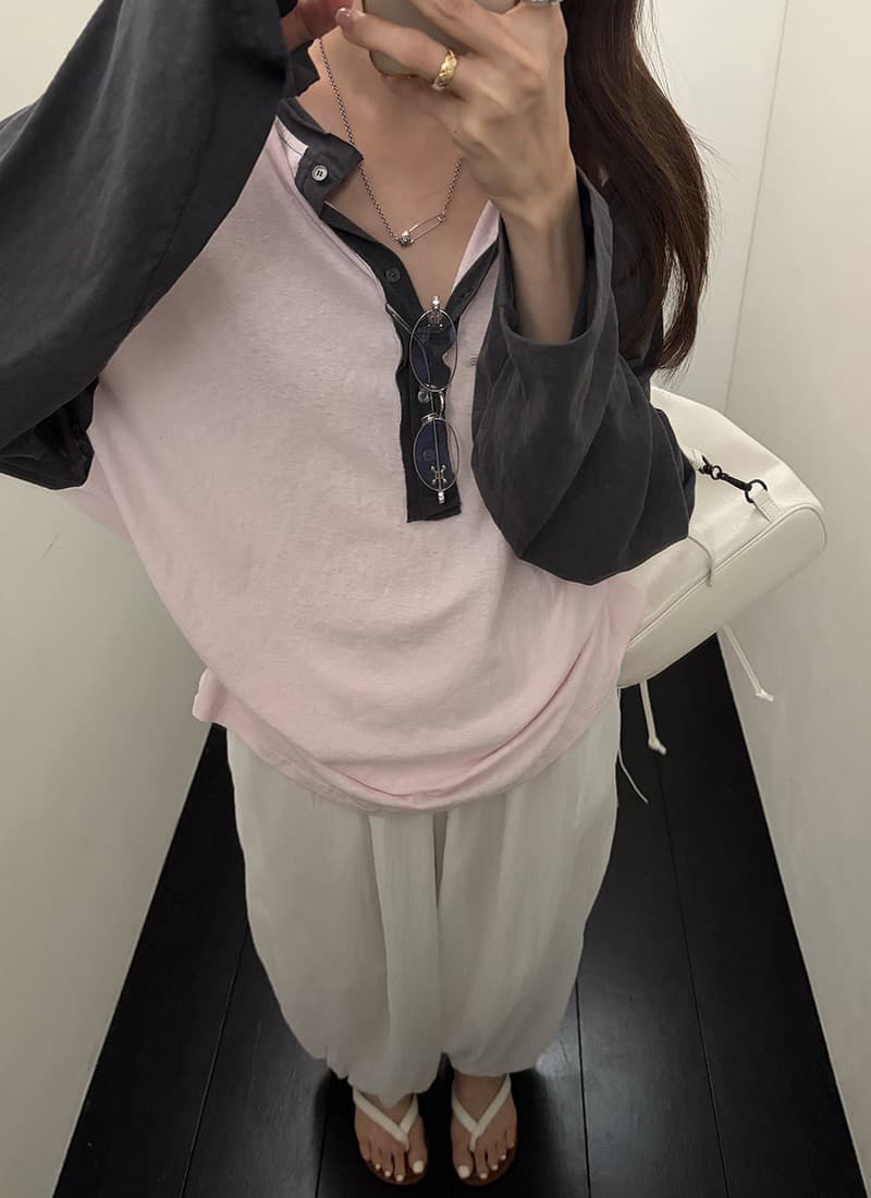 재고 있음 한국 동대문 느슨함 센스 느긋한 바람 얇은 스타일 배색 삽입 어깨 헨리 칼라 긴팔 티셔츠 여성 상세 이미지 18
