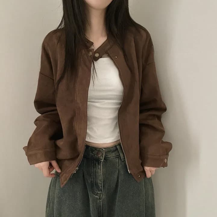 있음 선적 chic 가을 겨울 레트로 스탠드 칼라 지퍼 오토바이 재킷 여성 코트