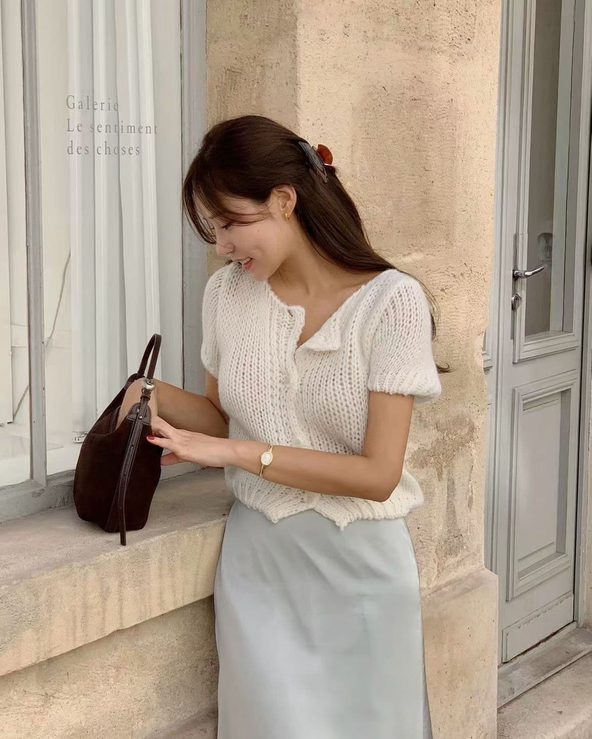 있음 선적 한국 chic 가을 새로운 ins 품격 라운드 넥 반팔 수 있습니다. 스택 가져 가라. 니트 오픈 가디건 상세 이미지 1