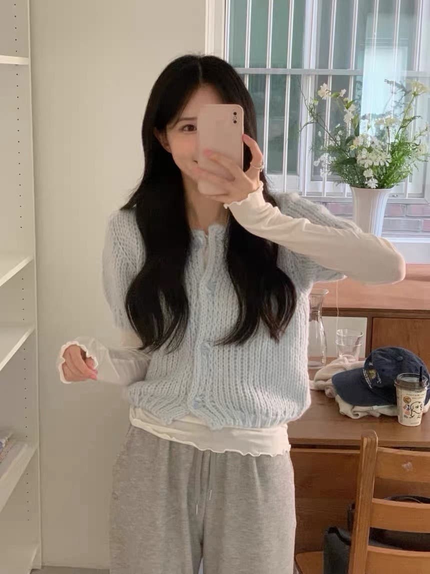있음 선적 한국 chic 가을 새로운 ins 품격 라운드 넥 반팔 수 있습니다. 스택 가져 가라. 니트 오픈 가디건 상세 이미지 20