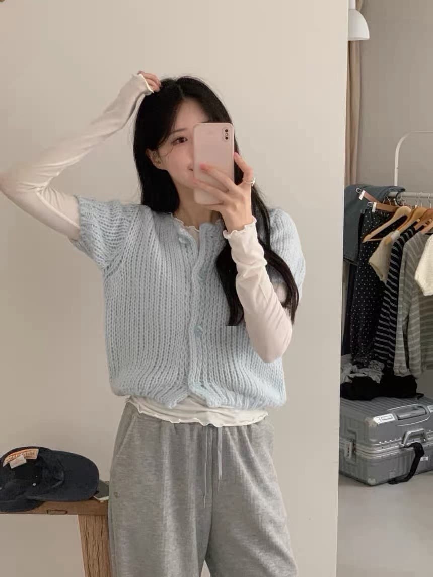 있음 선적 한국 chic 가을 새로운 ins 품격 라운드 넥 반팔 수 있습니다. 스택 가져 가라. 니트 오픈 가디건 상세 이미지 21