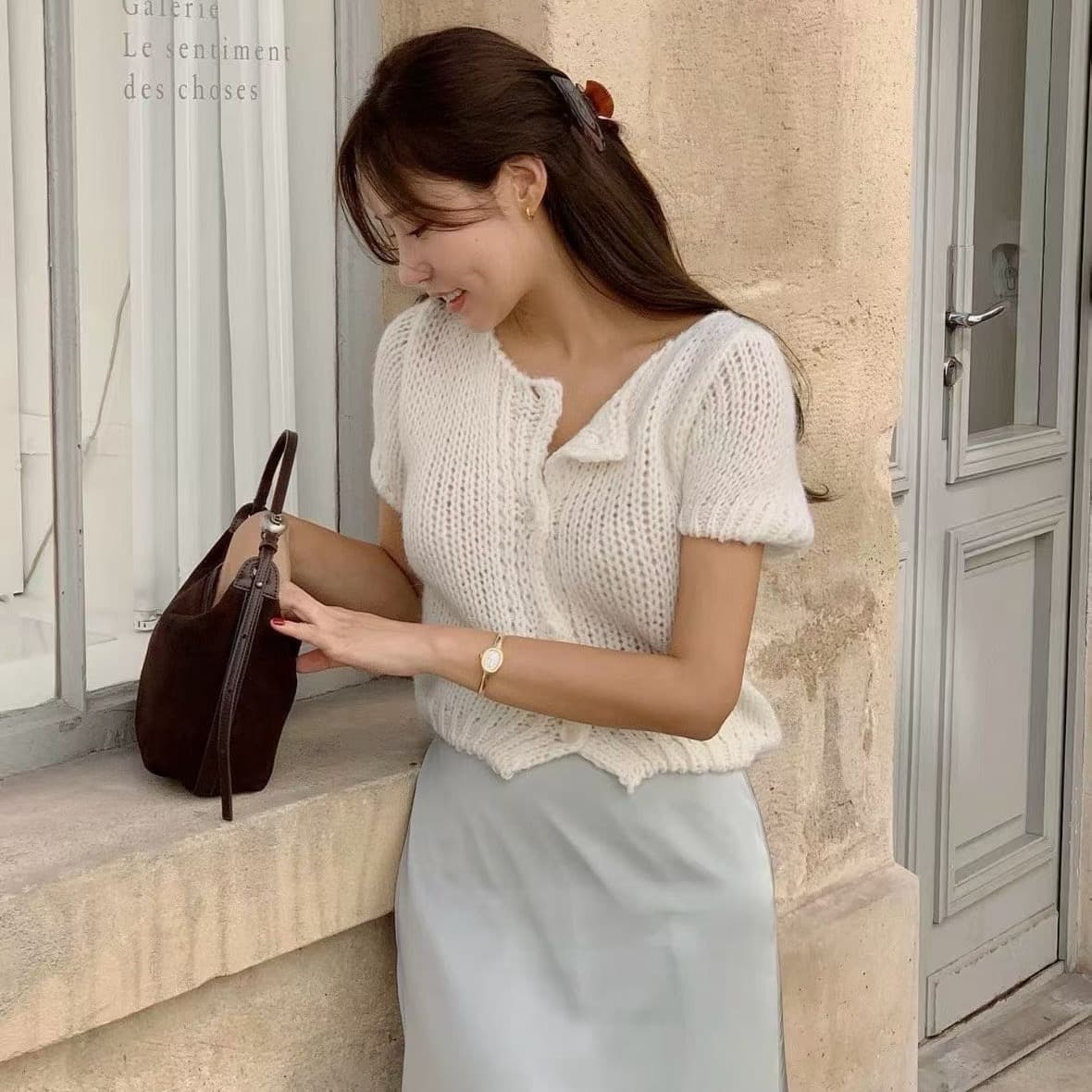 있음 선적 한국 chic 가을 새로운 ins 품격 라운드 넥 반팔 수 있습니다. 스택 가져 가라. 니트 오픈 가디건 상세 이미지 23