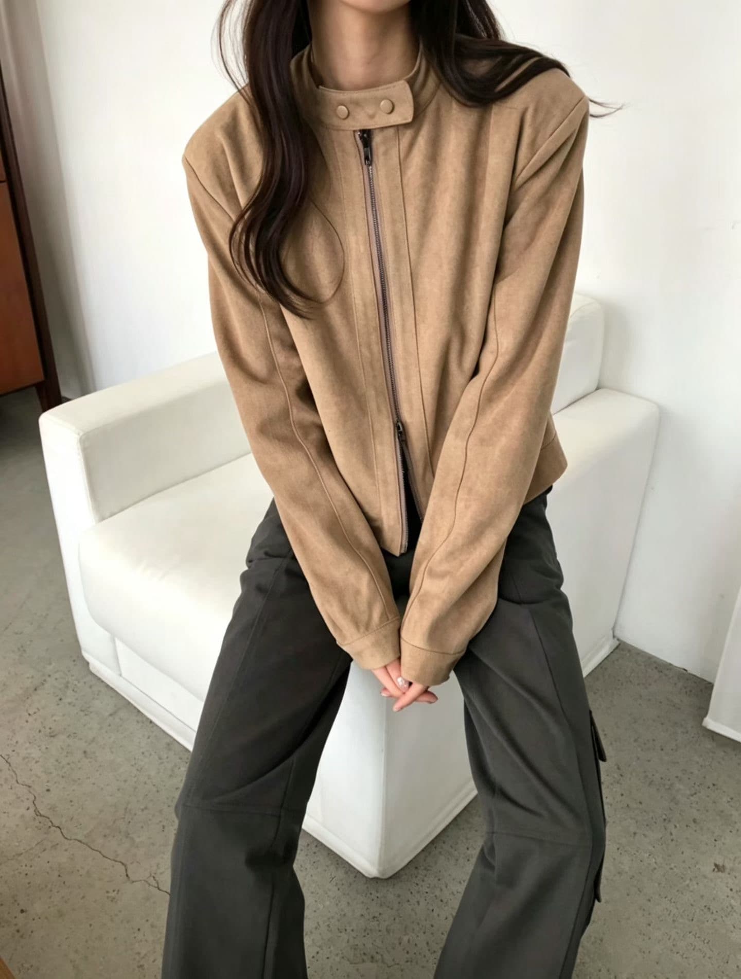 재고 있음 프랑스식 아름다움 라드. 레트로 브라운 색상 시스템 루즈핏 사슴 캐시미어 야구 유니폼 잘 생긴 오토바이 재킷 상세 이미지 2