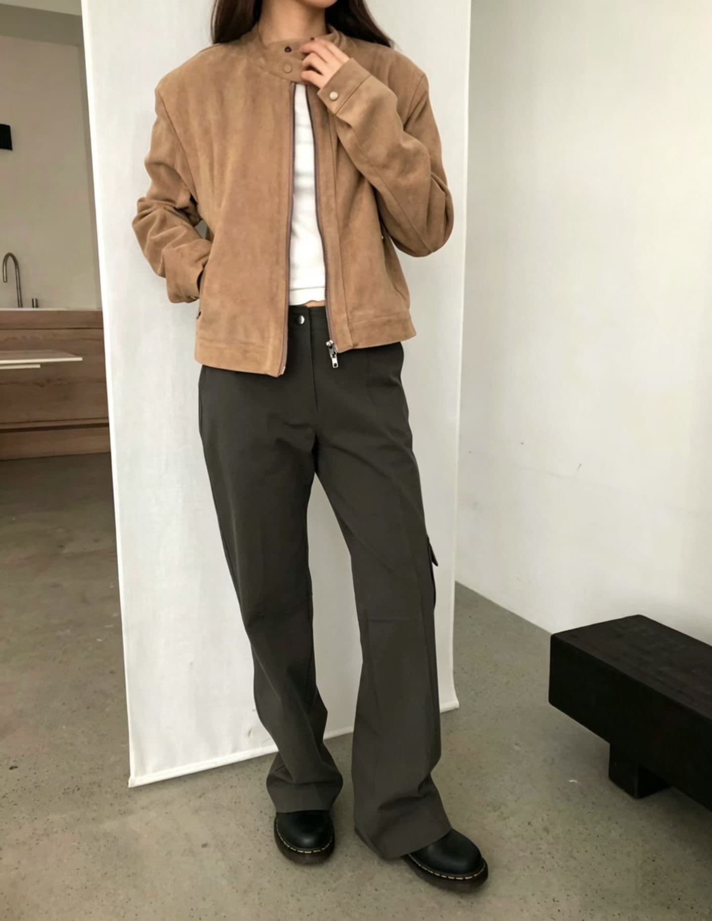 재고 있음 프랑스식 아름다움 라드. 레트로 브라운 색상 시스템 루즈핏 사슴 캐시미어 야구 유니폼 잘 생긴 오토바이 재킷 상세 이미지 6
