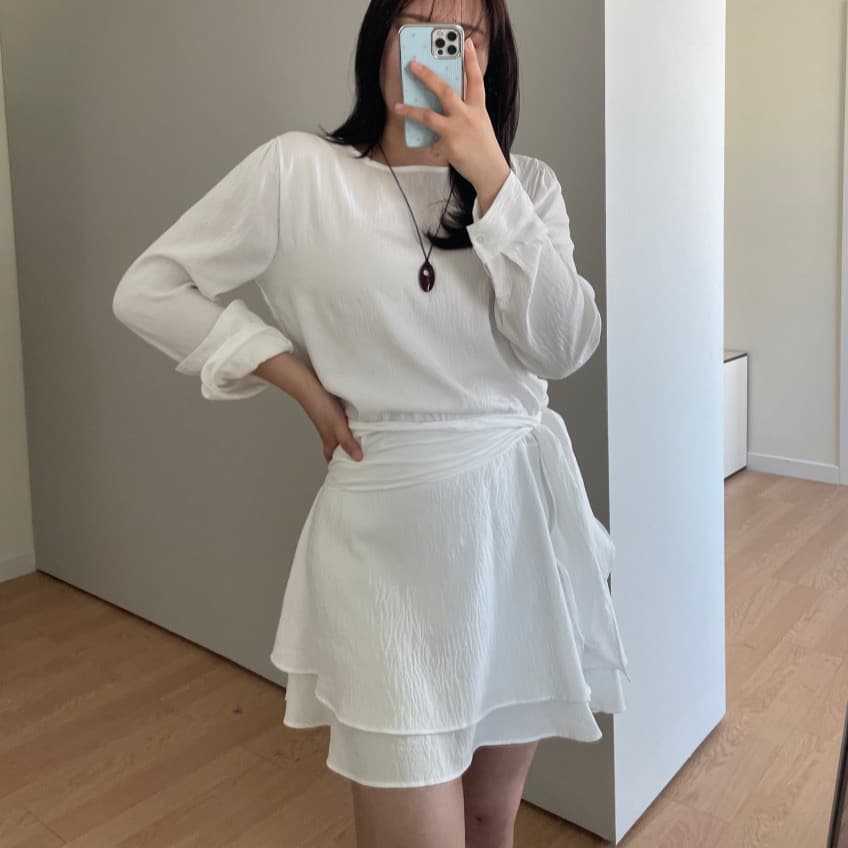 재고 있음 한국 chic 가을 새로운 쉬폰 긴팔 허리 수축 레이스업 드레스 상세 이미지 1