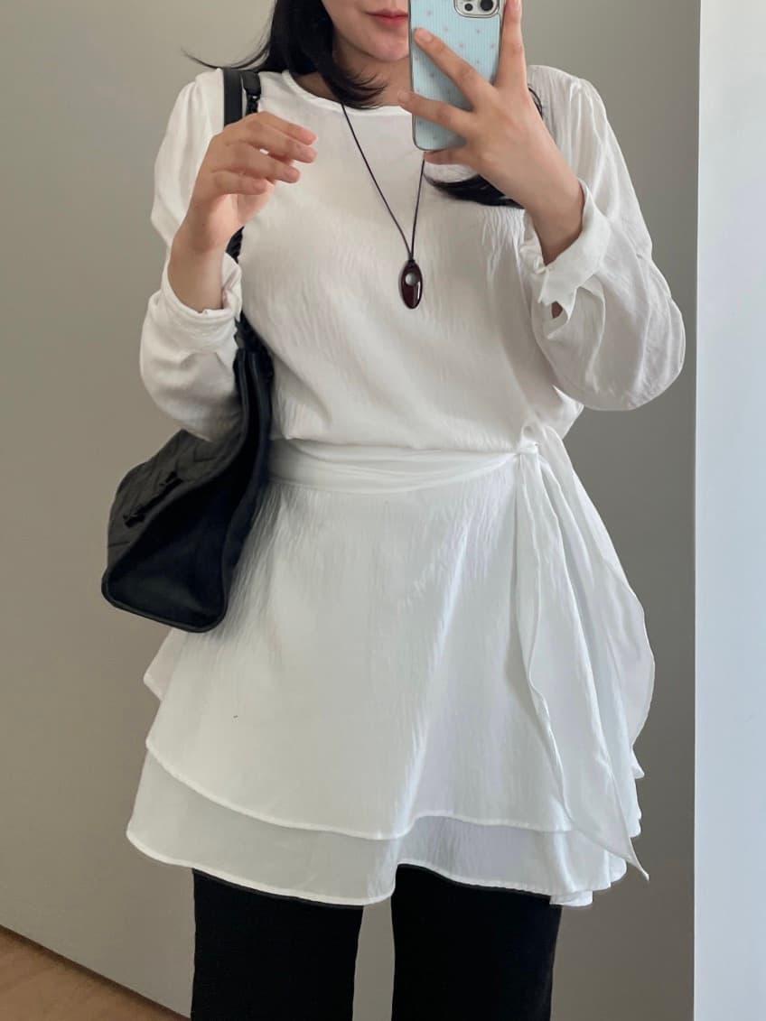 재고 있음 한국 chic 가을 새로운 쉬폰 긴팔 허리 수축 레이스업 드레스 상세 이미지 3