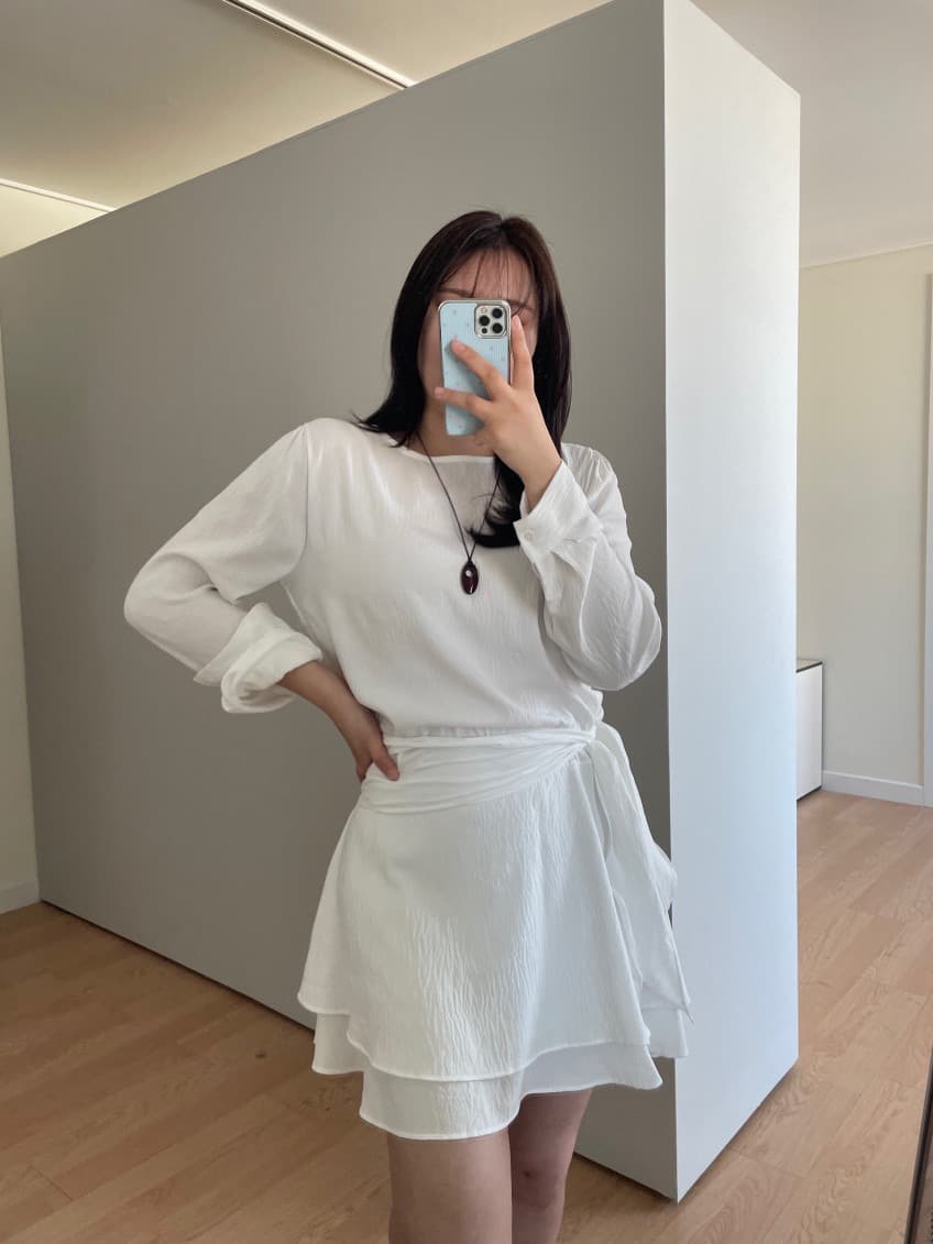 재고 있음 한국 chic 가을 새로운 쉬폰 긴팔 허리 수축 레이스업 드레스 상세 이미지 8