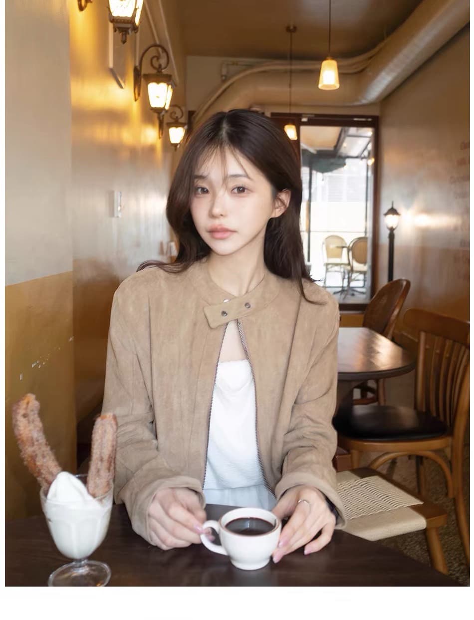 재고 있음 프랑스식 아름다움 라드. 레트로 브라운 색상 시스템 루즈핏 사슴 캐시미어 야구 유니폼 잘 생긴 오토바이 재킷 상세 이미지 1