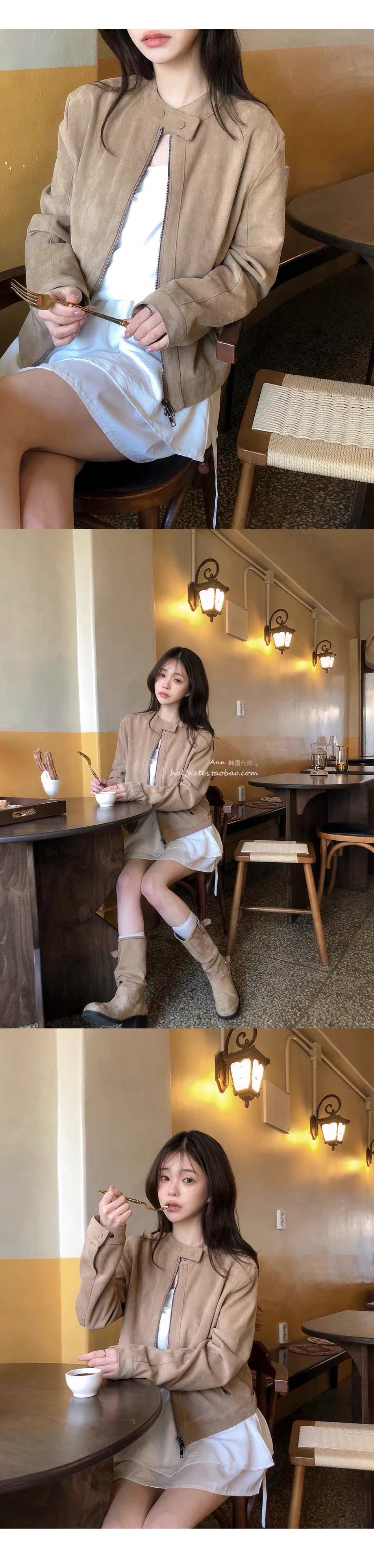 재고 있음 프랑스식 아름다움 라드. 레트로 브라운 색상 시스템 루즈핏 사슴 캐시미어 야구 유니폼 잘 생긴 오토바이 재킷 상세 이미지 6