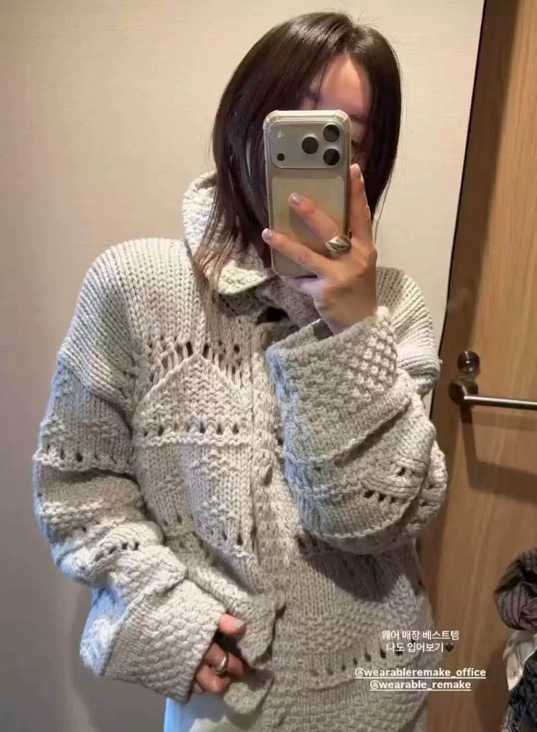 26 가을 겨울 한국 동대문 디자인 센스 홀로우 아웃 폴로 칼라 단색 니트 오픈 가디건 두꺼운 스웨터 코트 상세 이미지 15