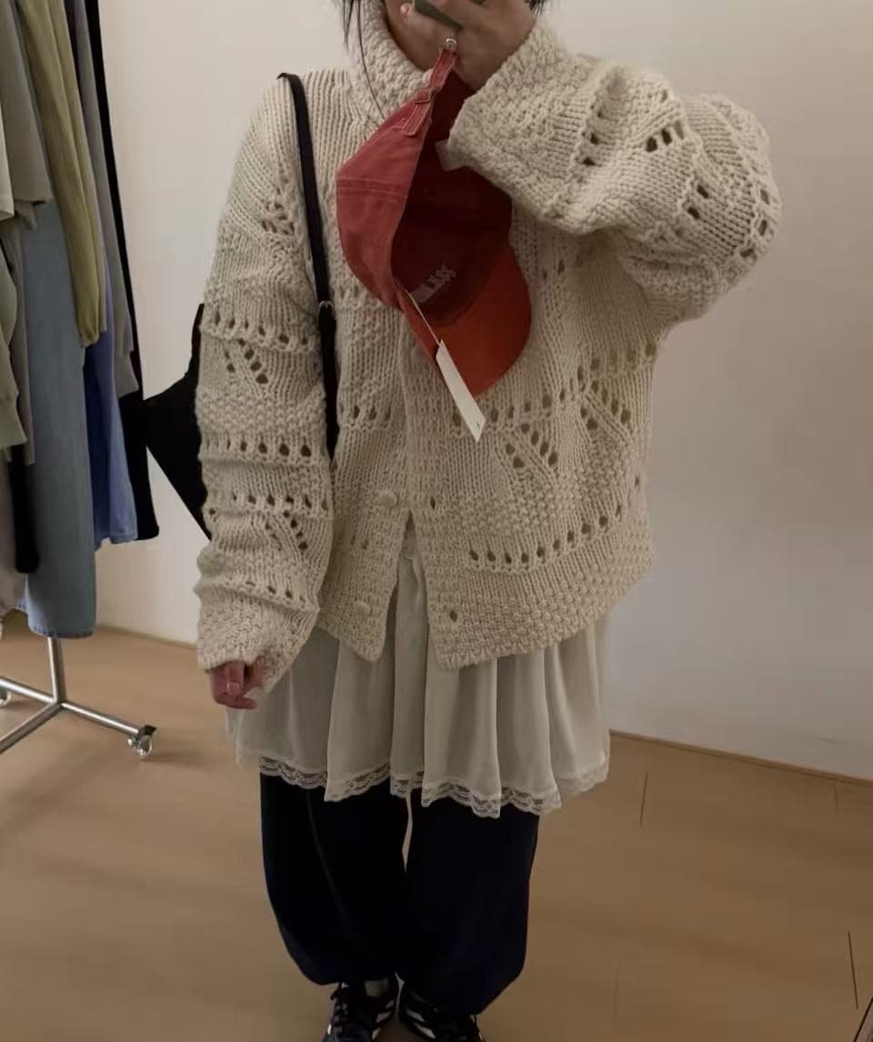 26 가을 겨울 한국 동대문 디자인 센스 홀로우 아웃 폴로 칼라 단색 니트 오픈 가디건 두꺼운 스웨터 코트 상세 이미지 22