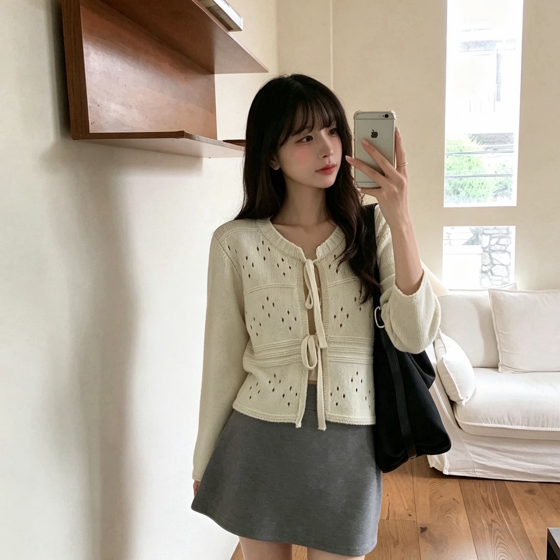 재고 있음 chic 가을 새로운 달콤함 홀로우 아웃 레이스업 나비 매듭 오픈 가디건 니트 재킷 상세 이미지 2