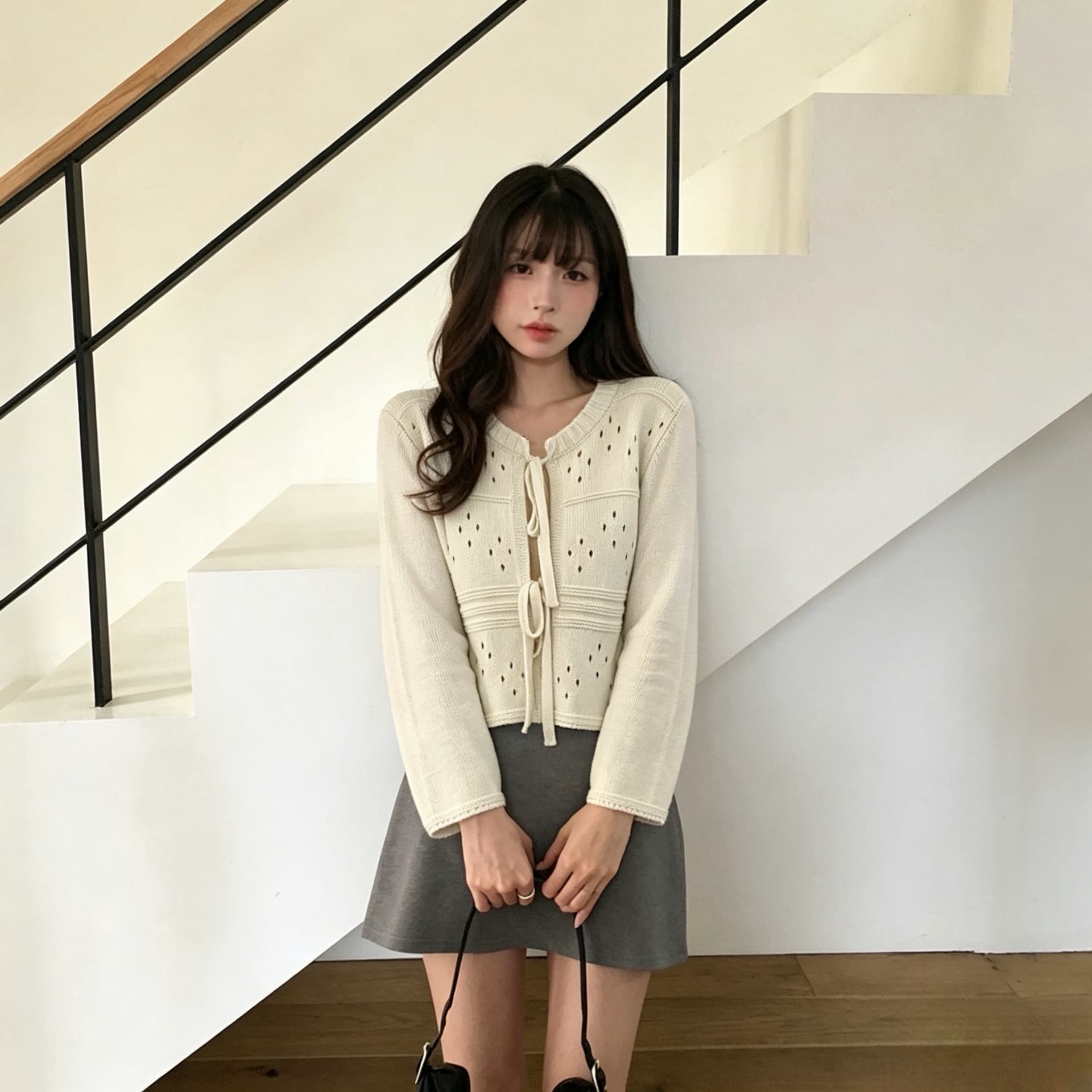 재고 있음 chic 가을 새로운 달콤함 홀로우 아웃 레이스업 나비 매듭 오픈 가디건 니트 재킷 상세 이미지 4