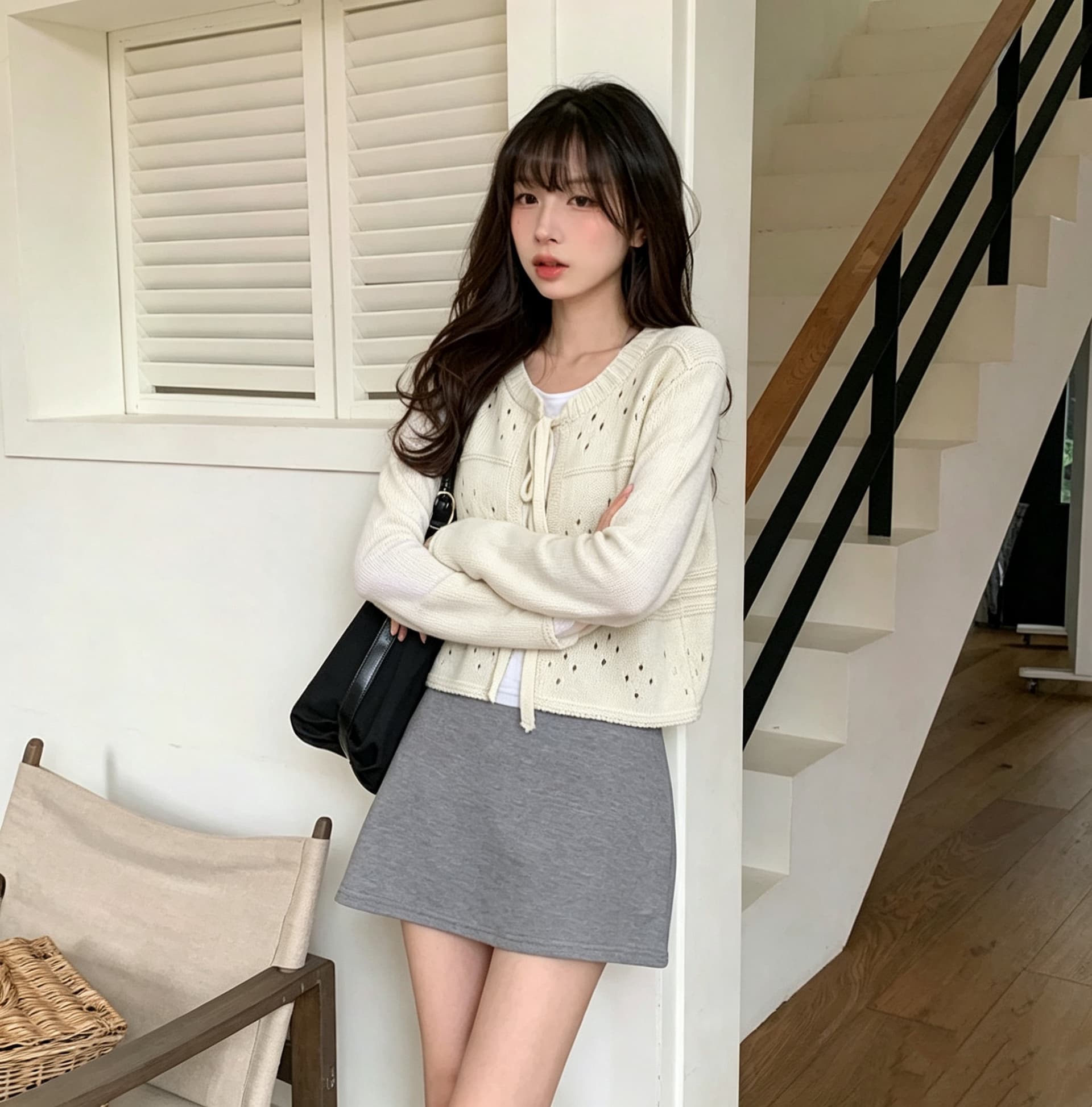 재고 있음 chic 가을 새로운 달콤함 홀로우 아웃 레이스업 나비 매듭 오픈 가디건 니트 재킷 상세 이미지 5