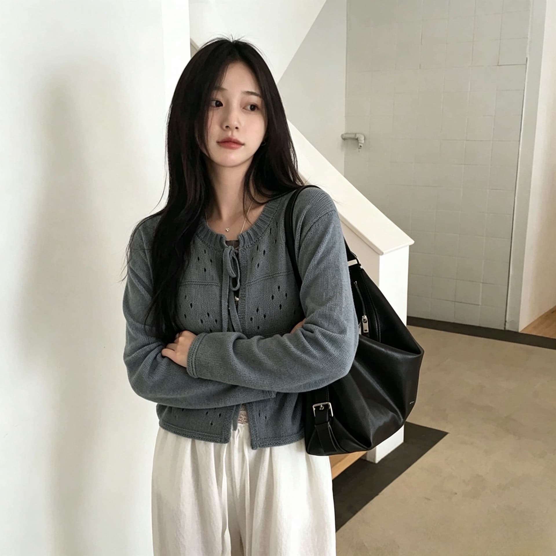 재고 있음 chic 가을 새로운 달콤함 홀로우 아웃 레이스업 나비 매듭 오픈 가디건 니트 재킷 상세 이미지 7