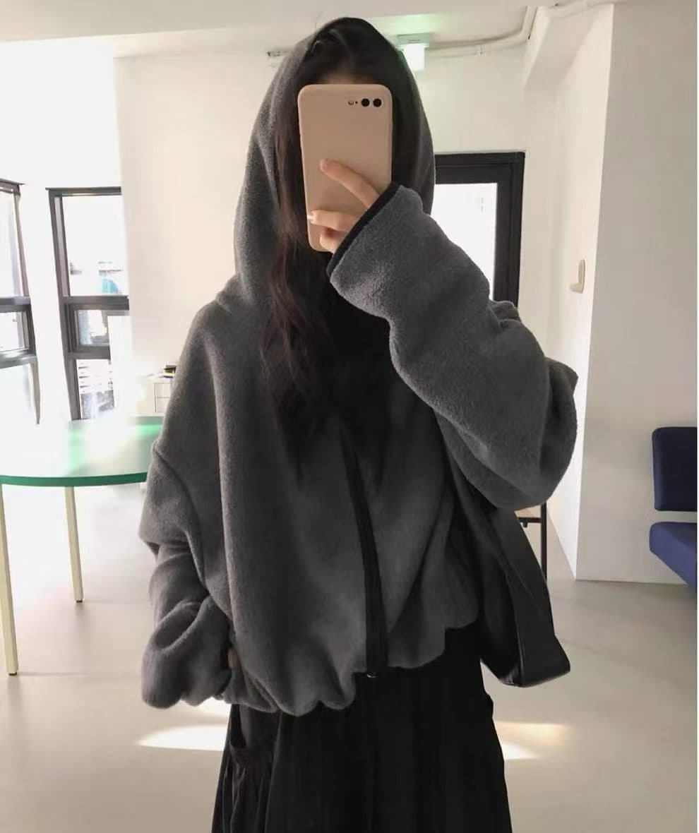 있음 선적 chic 한국 스타일 양면 플리스 후드 카디건 코트 이미지 3