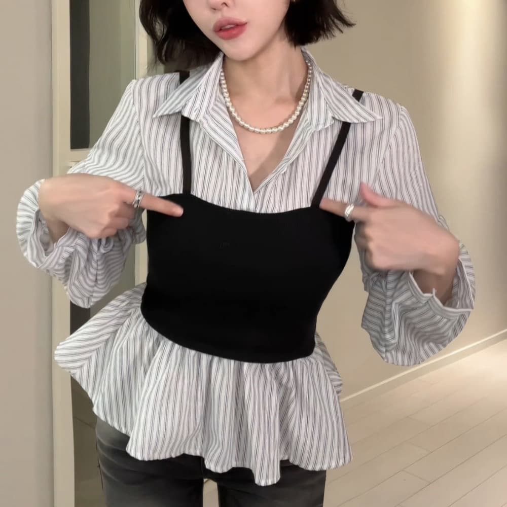 재고 있음 한국 스타일 스트라이프 허리 수축 슬림해 보이는 긴팔 디자인 센스 맨위 니트 패치워크 페이크 레이어드 여성 셔츠 상세 이미지 13