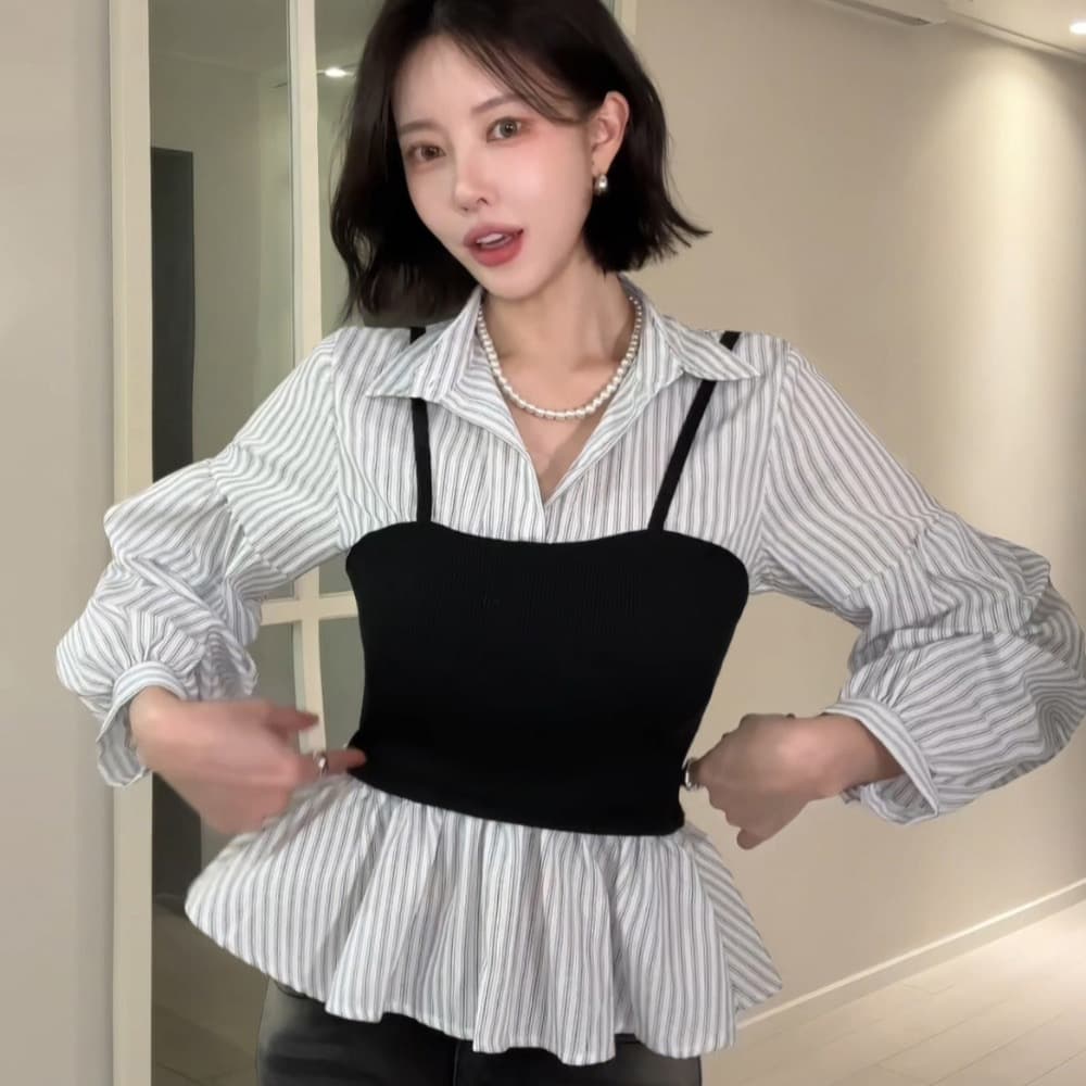 재고 있음 한국 스타일 스트라이프 허리 수축 슬림해 보이는 긴팔 디자인 센스 맨위 니트 패치워크 페이크 레이어드 여성 셔츠 상세 이미지 14
