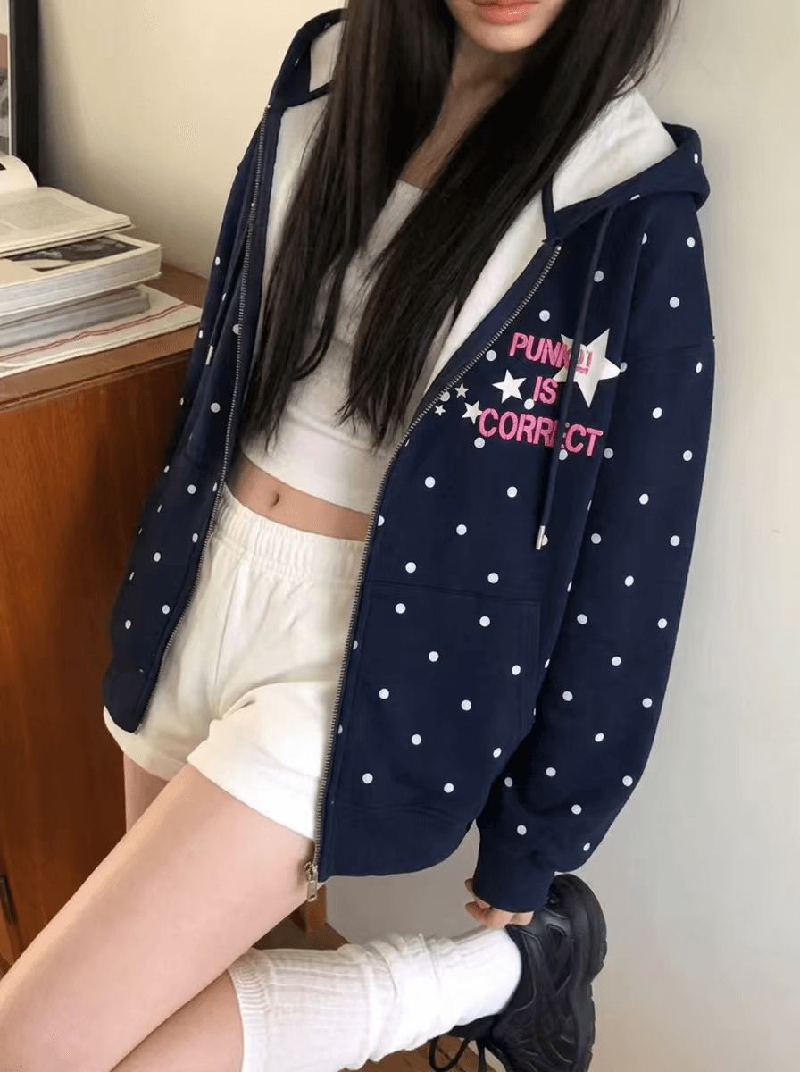 선적 중 26 아메리칸 아방가르드 도트 무늬 별 알파벳 프린트 후드 오픈 가디건 후드티 여성 상세 이미지 5