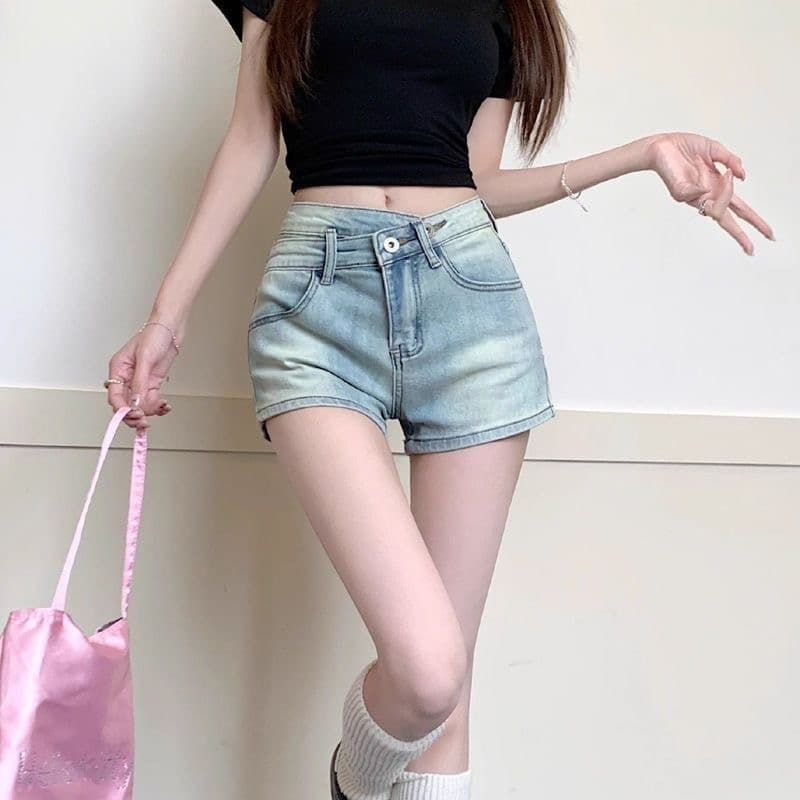 워싱 파란색 청바지 여성 여름 레트로 반바지 작은 키 하이웨이스트 스트레이트 팬츠 핫걸 몸매 가꾸기 캐주얼 핫 바지 이미지 2