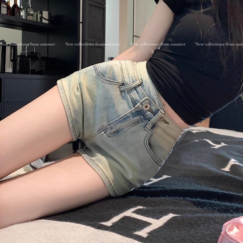 워싱 파란색 청바지 여성 여름 레트로 반바지 작은 키 하이웨이스트 스트레이트 팬츠 핫걸 몸매 가꾸기 캐주얼 핫 바지 상세 이미지 24