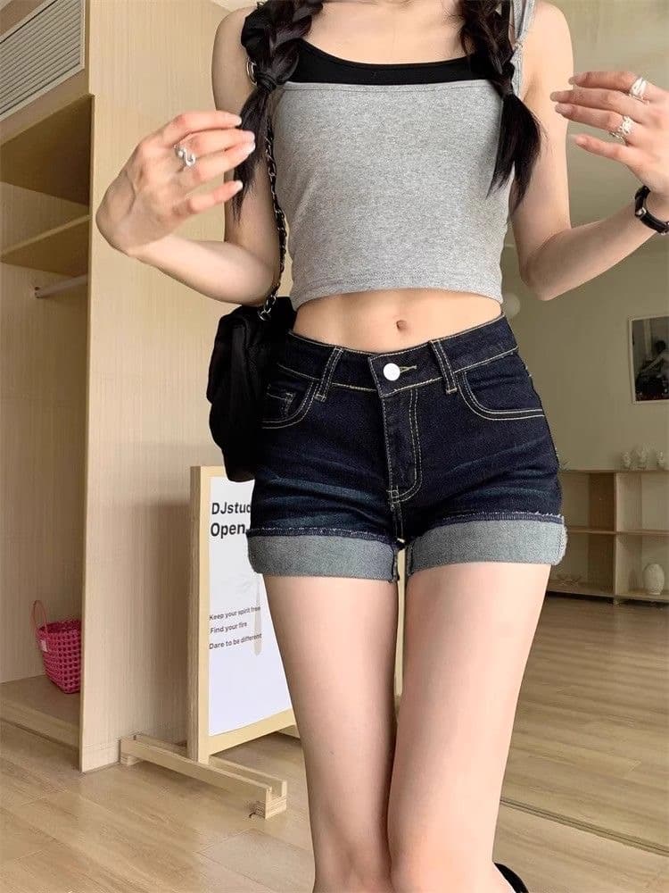 한 부서 로우 웨이스트 다용도 펭 넓적 다리 바지 한국 스타일 새로운 슬림해 보이는 캐주얼 반바지 아름다움 넓적 다리 타이트 스커트 리프트 엉덩이 데님 짧은 바지 상세 이미지 12