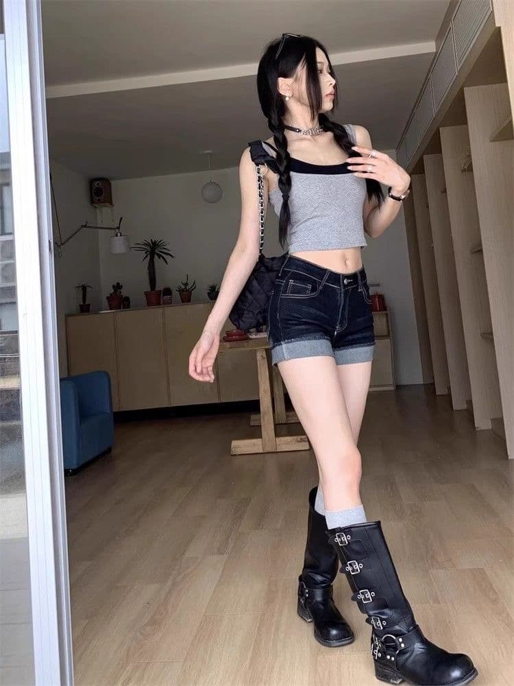 한 부서 로우 웨이스트 다용도 펭 넓적 다리 바지 한국 스타일 새로운 슬림해 보이는 캐주얼 반바지 아름다움 넓적 다리 타이트 스커트 리프트 엉덩이 데님 짧은 바지 상세 이미지 13