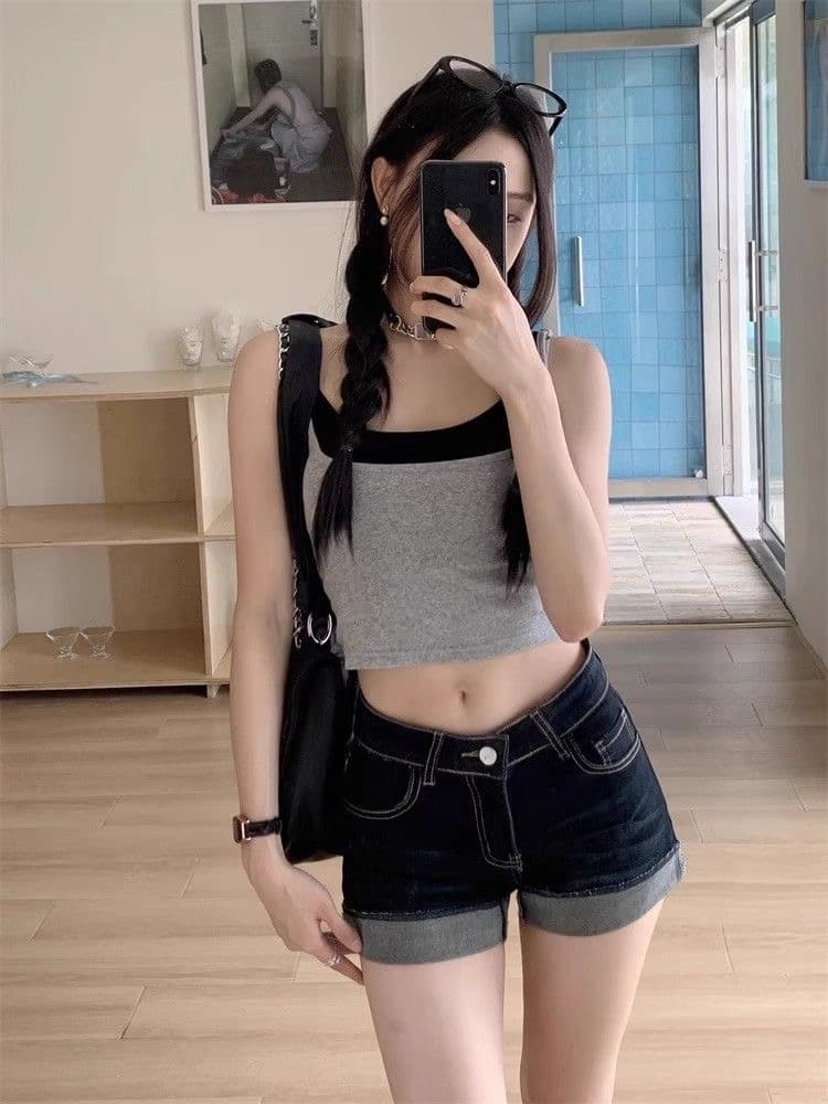 한 부서 로우 웨이스트 다용도 펭 넓적 다리 바지 한국 스타일 새로운 슬림해 보이는 캐주얼 반바지 아름다움 넓적 다리 타이트 스커트 리프트 엉덩이 데님 짧은 바지 상세 이미지 17