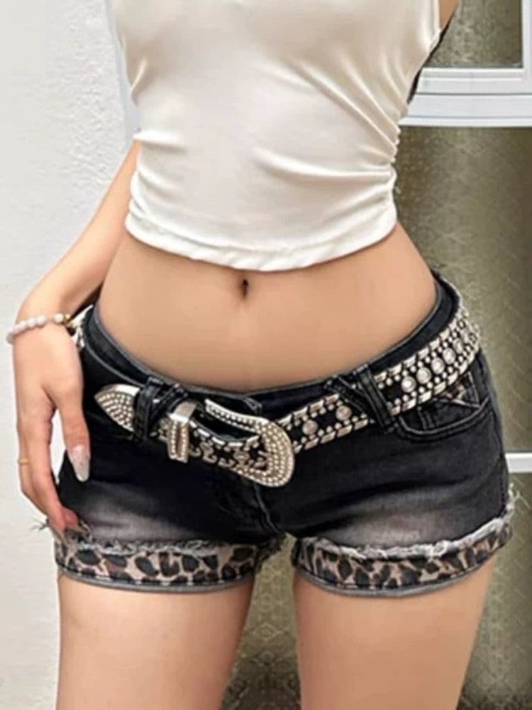 아메리칸 y2k 핫걸 워싱 레트로 레오파드 무늬 볼륨 측면 데님 초단바지 여성 섹시함 타이트 스커트 슬림해 보이는 뜨거운 바지 트렌디 상세 이미지 3