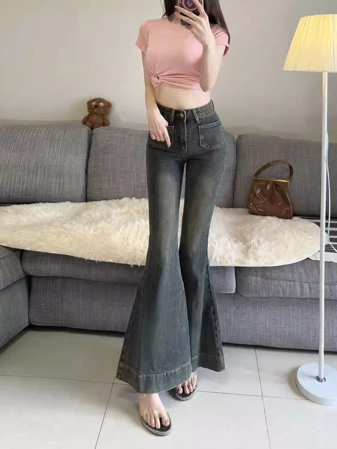 레트로 워싱 대 나팔 청바지 여성 여름 하이웨이스트 와이드 레그 팬츠 어린이 다용도 캐주얼 인어 꼬리 바지 바닥 청소 긴 바지 상세 이미지 5