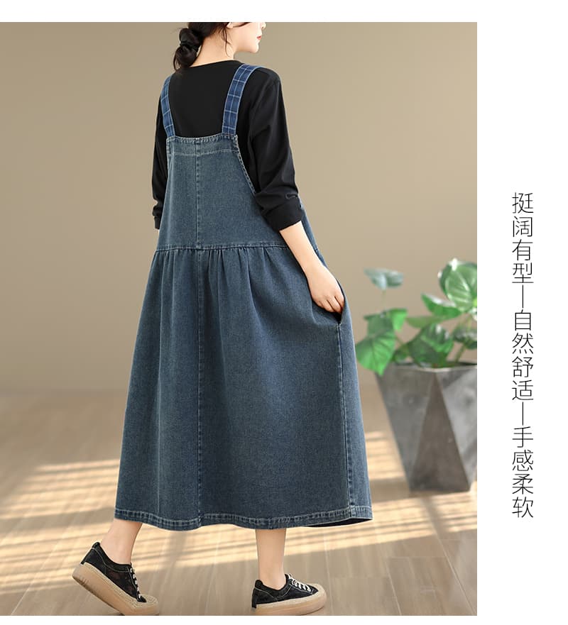 레트로 봄 가을 새로운 실사 워싱 데님 패치 빅 사이즈 멜빵 여성 드레스 상세 이미지 11