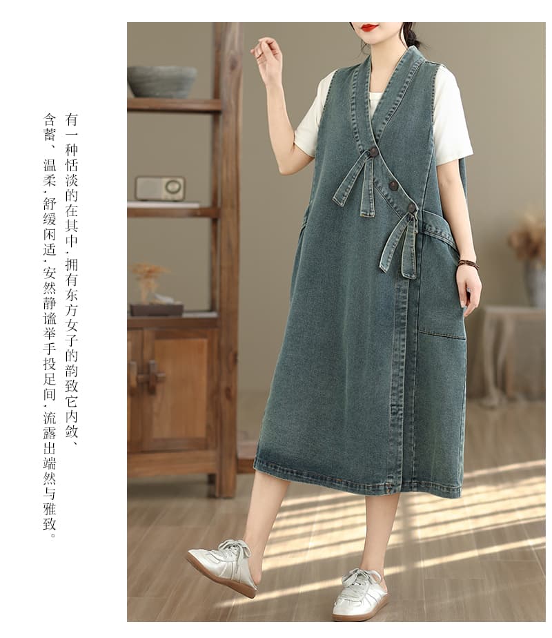 새로운 실사 문예 팬 레트로 캐주얼 루즈핏 빅 사이즈 워싱 데님 중간 길이 멜빵 스커트 여성 상세 이미지 14
