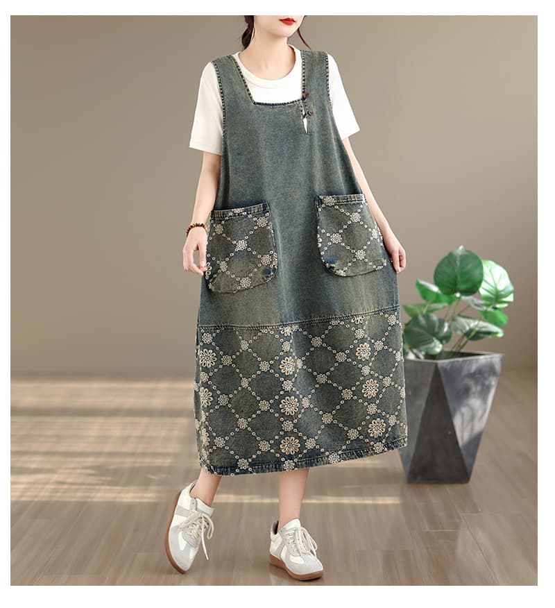 새로운 실사 캐주얼 빅 사이즈 워싱 데님 자카드 패치워크 중간 길이 여성 드레스 상세 이미지 14