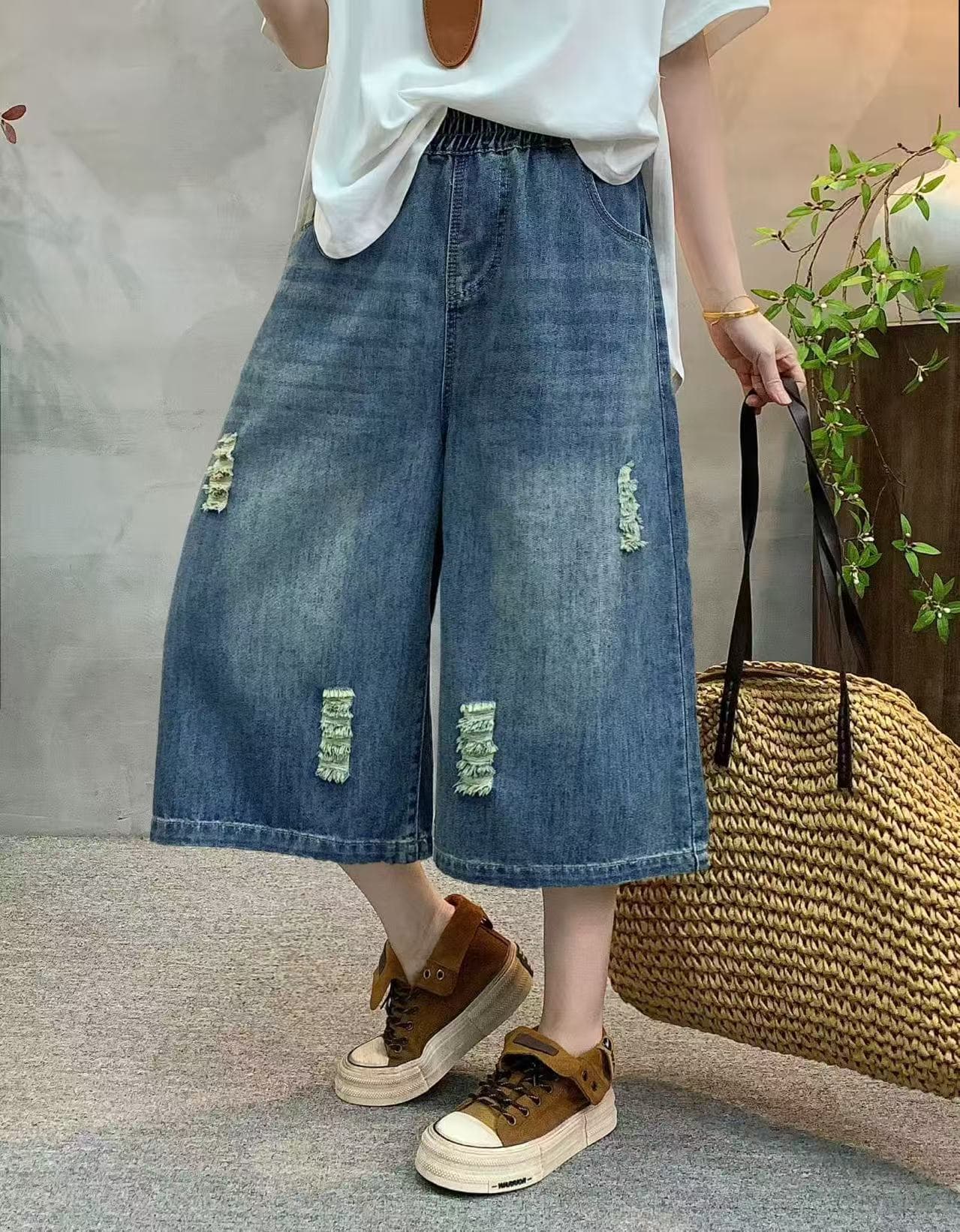 새로운 실사 문예 팬 워싱 찢어진 부분 데님 캐주얼 허리밴드 8 점 스트레이트 팬츠 여성 이미지 2