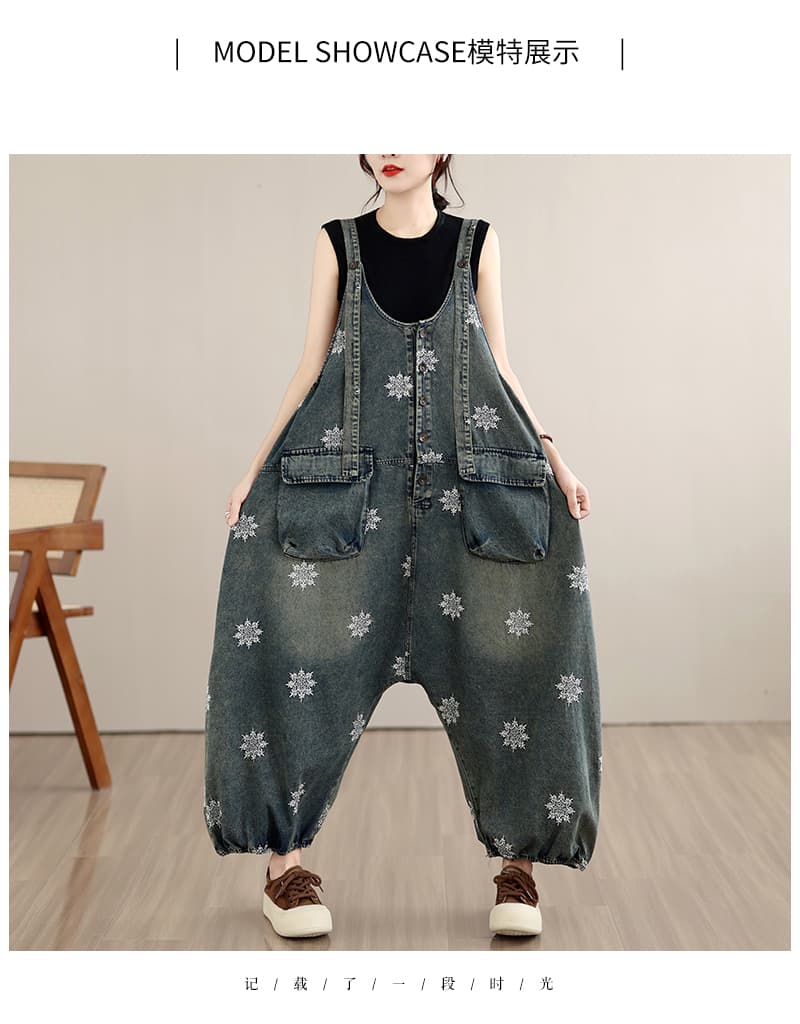 레트로 마 오래된 프린트 데님 멜빵 바지 여성 워크웨어 바람 통통한 여동생 단추 디자인 빅 사이즈 올인원 바지 상세 이미지 9