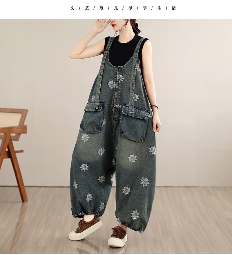 레트로 마 오래된 프린트 데님 멜빵 바지 여성 워크웨어 바람 통통한 여동생 단추 디자인 빅 사이즈 올인원 바지 상세 이미지 14