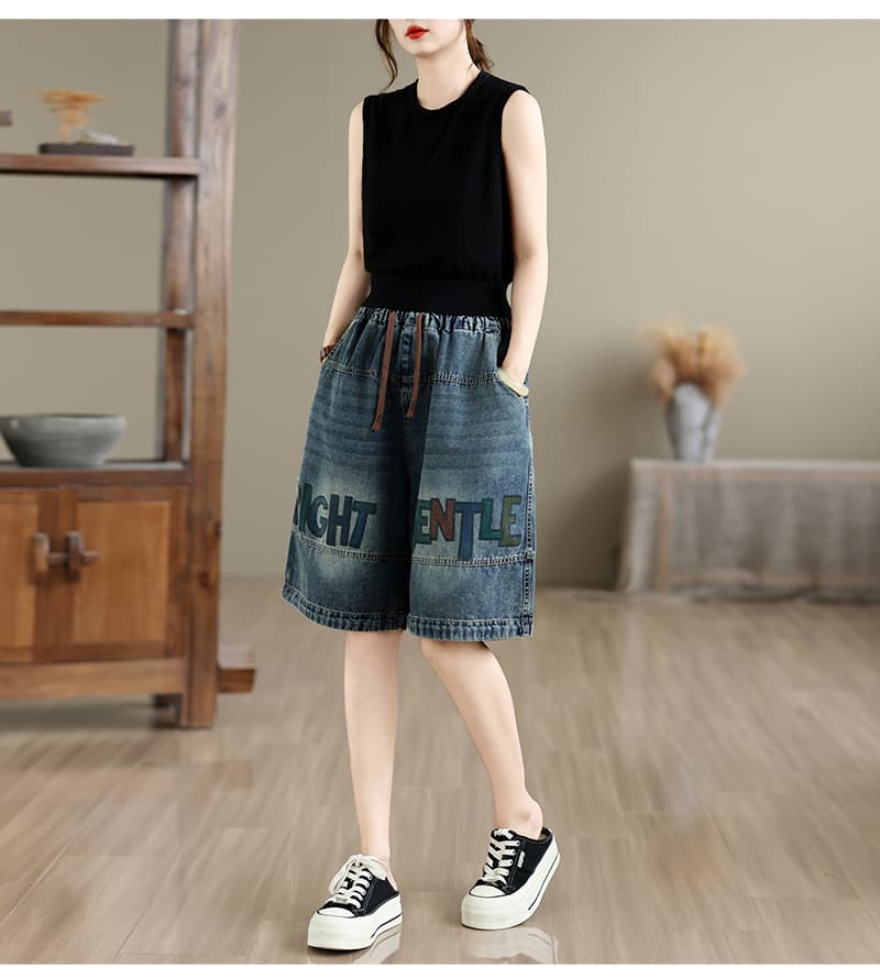 새로운 실사 데님 캐주얼 레트로 프린트 허리밴드 오부 바지 여성 상세 이미지 11