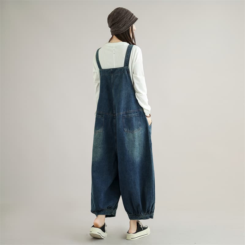 새로운 실사 데님 루즈핏 빅 사이즈 주머니 슬림해 보이는 캐주얼 레트로 데님 멜빵 바지 여성 이미지 5