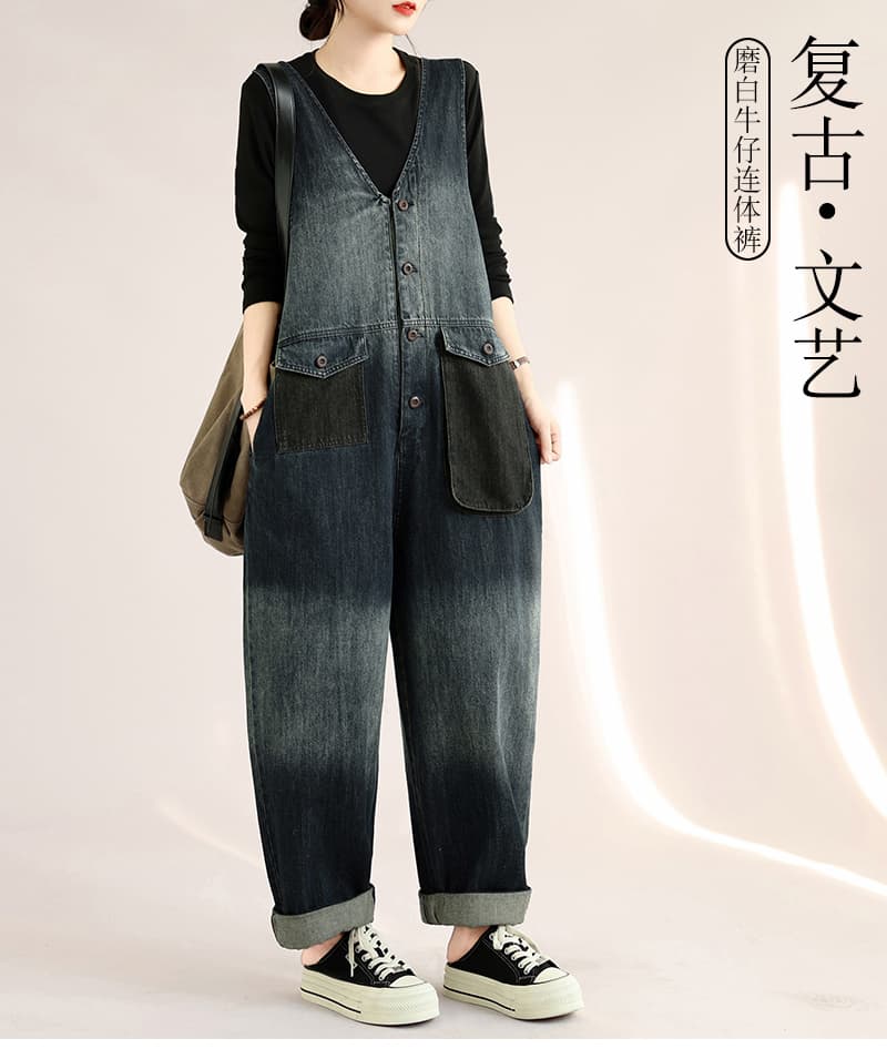 새로운 실사 데님 루즈핏 빅 사이즈 주머니 슬림해 보이는 캐주얼 레트로 데님 멜빵 바지 여성 상세 이미지 1