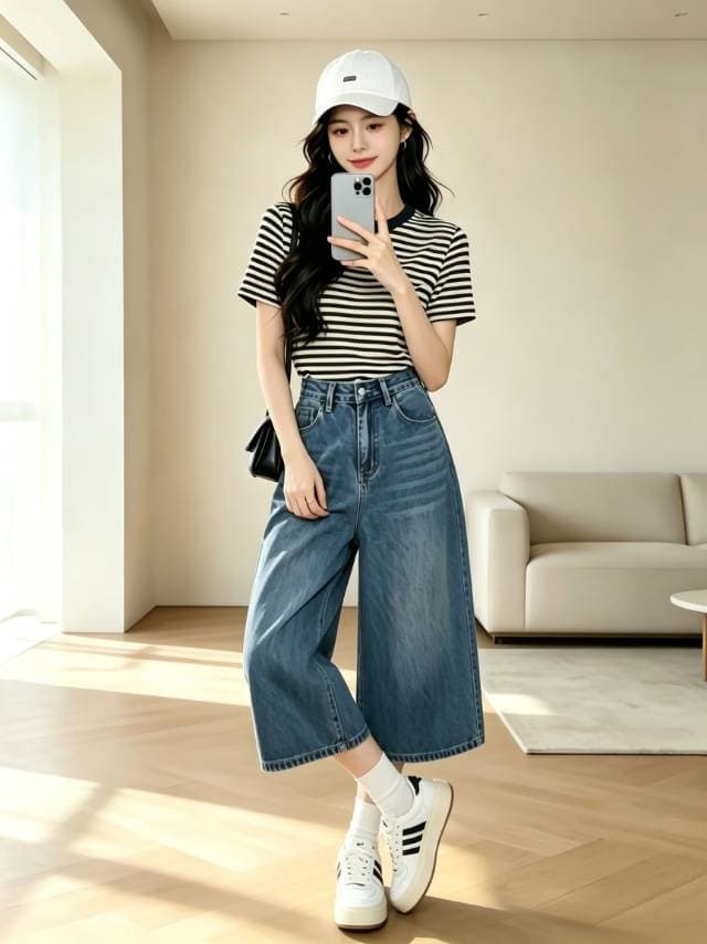 2026 년 여름 새로운 미니멀리즘 바람 하이웨이스트 넓은 다리 청바지 여성 여름 얇은 스타일 루즈핏 편안함 슬림해 보이는 8 점 바지 이미지 2