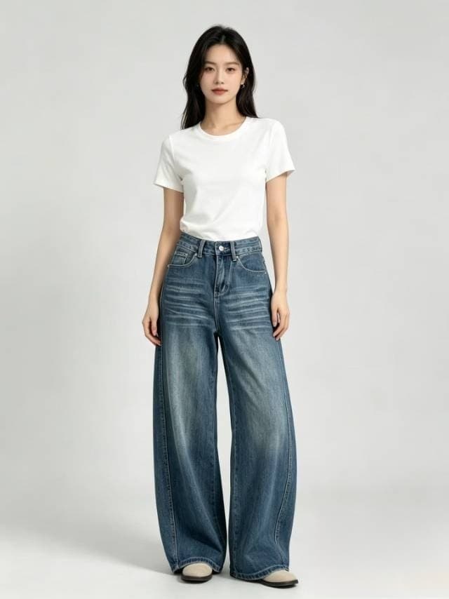 모통이 칼 바지 넓은 다리 청바지 여성 2026 새로운 가을 바지 슬림해 보이는 녹색 바지 캐주얼 루즈핏 스트레이트 팬츠 상세 이미지 5